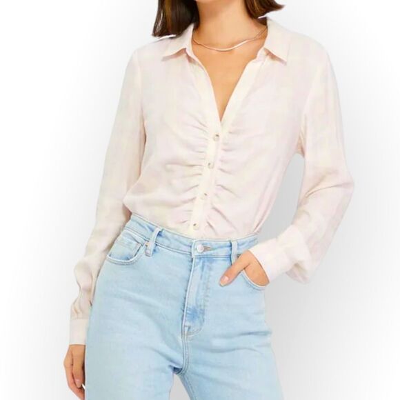 SANCTUARY‎ CLOTHING NWT WOMENS WHISPER PLAID RUCHED BOYFRIEND SHIRT- size M - Picture 1 of 11